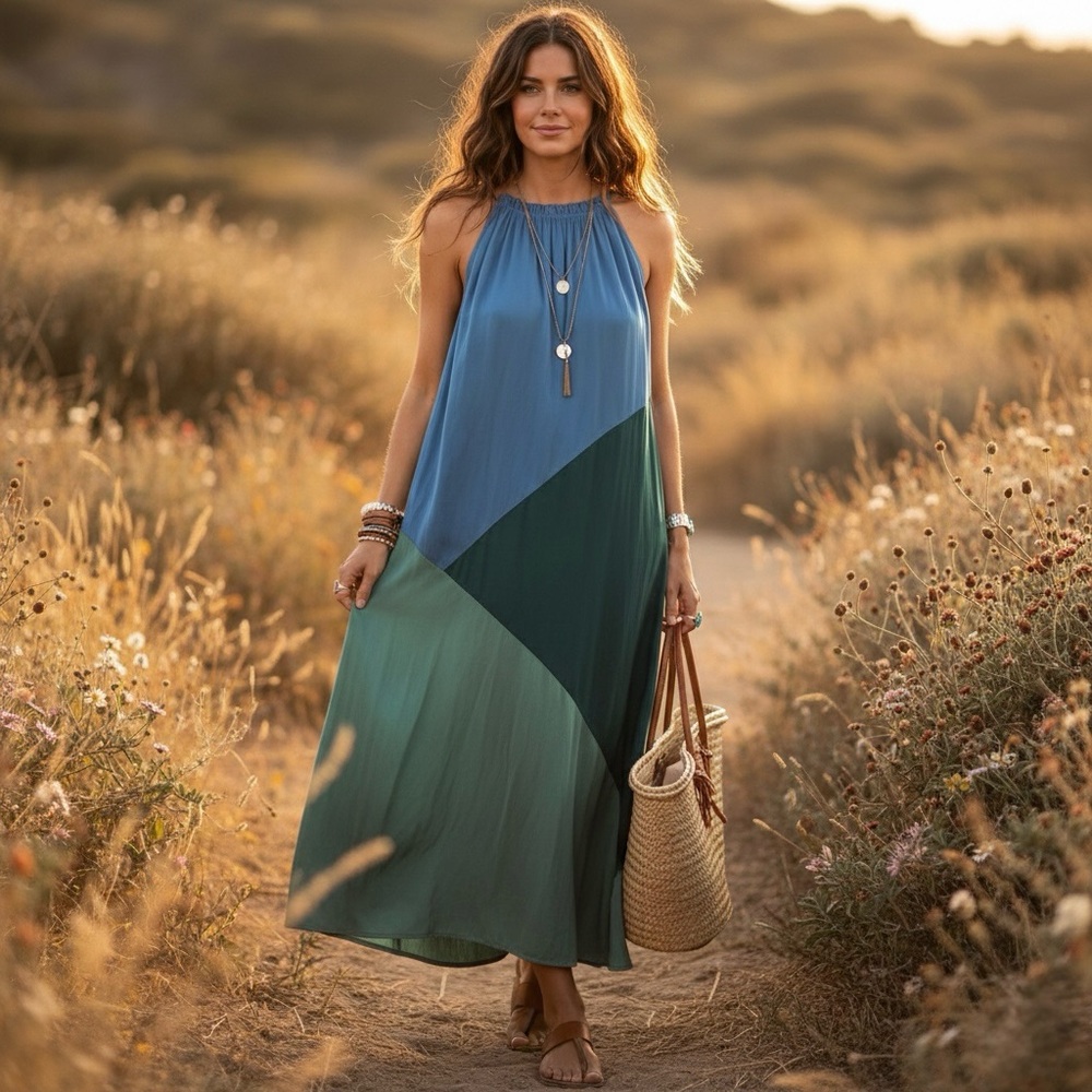 Silk ColorBlock halter midi